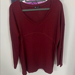 Deep Red Long Sleeve V-Neck Waffle Knit Top